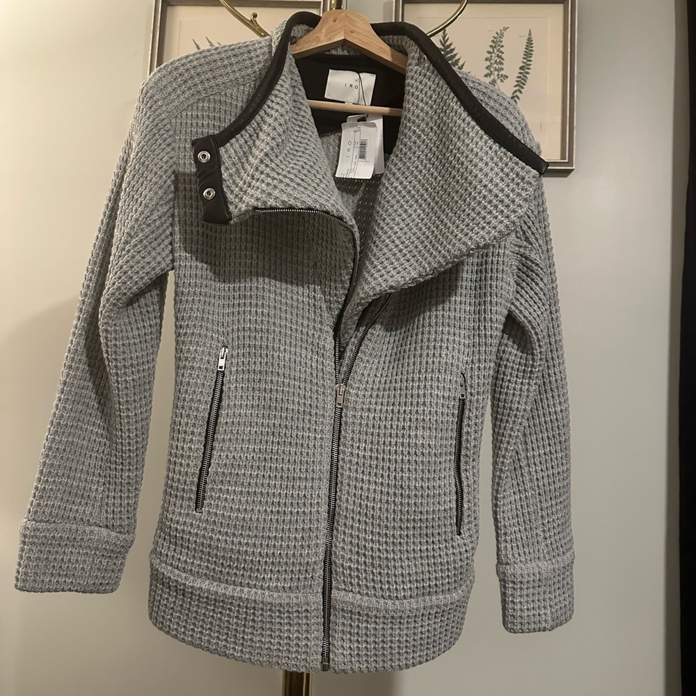 IRO Chelane Leather-Trimmed Waffle-Knit Jacket Gray Size 38